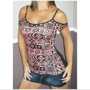 Cold Shoulder Cutout Aztec Coral Pink Black 0072